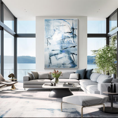 Framed Gray Blue Abstract Painting: Textured Modern Wall Art #5