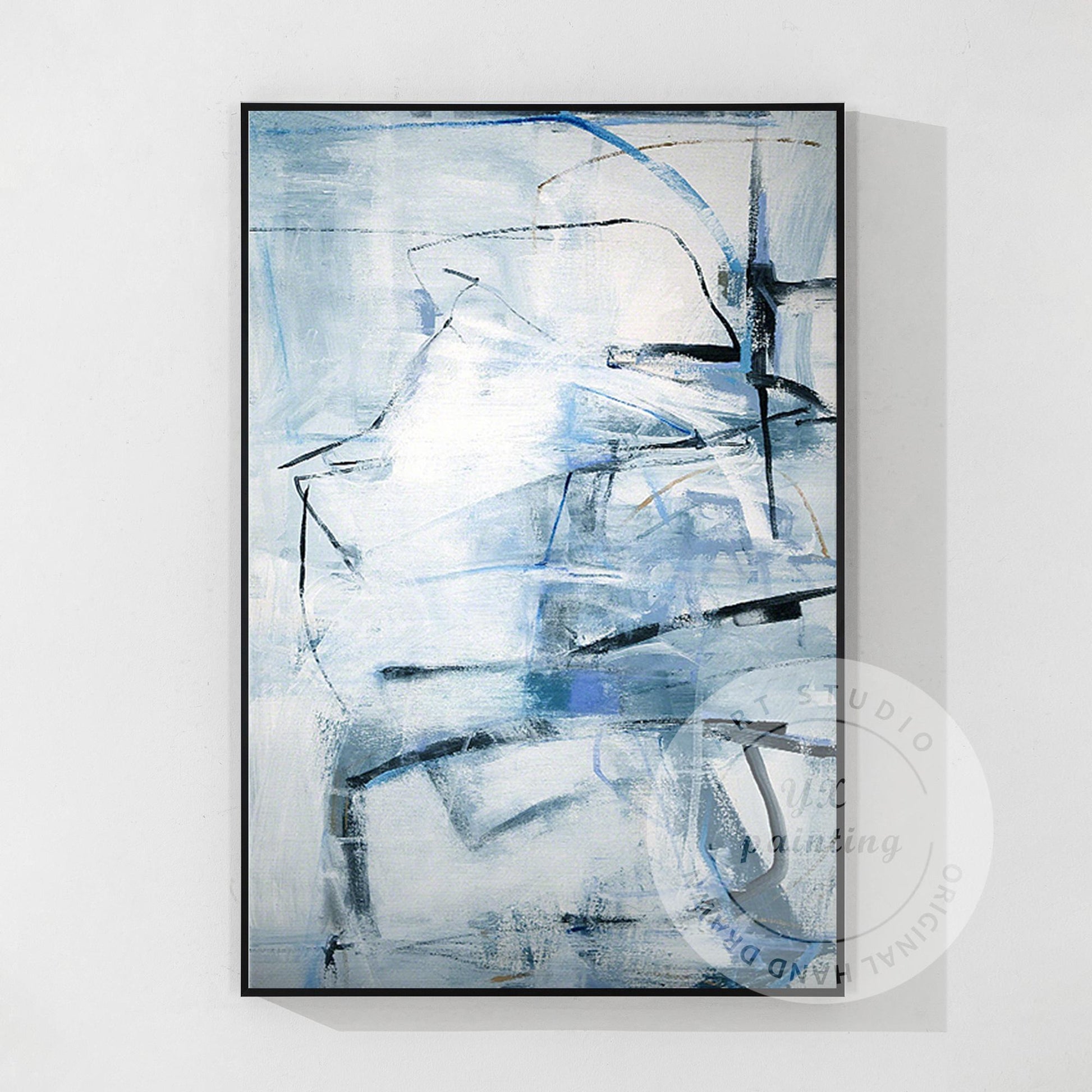 Framed Gray Blue Abstract Painting: Textured Modern Wall Art #6