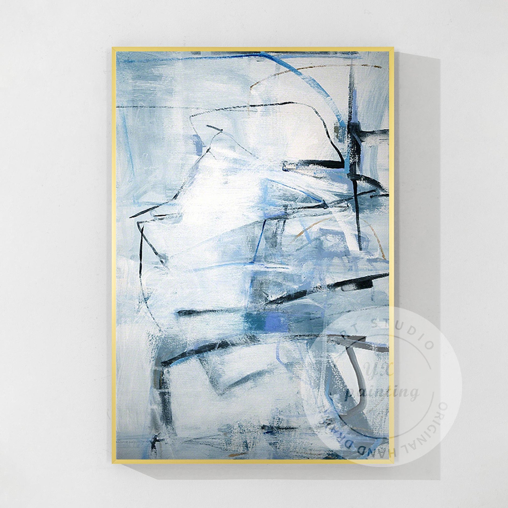 Framed Gray Blue Abstract Painting: Textured Modern Wall Art #7