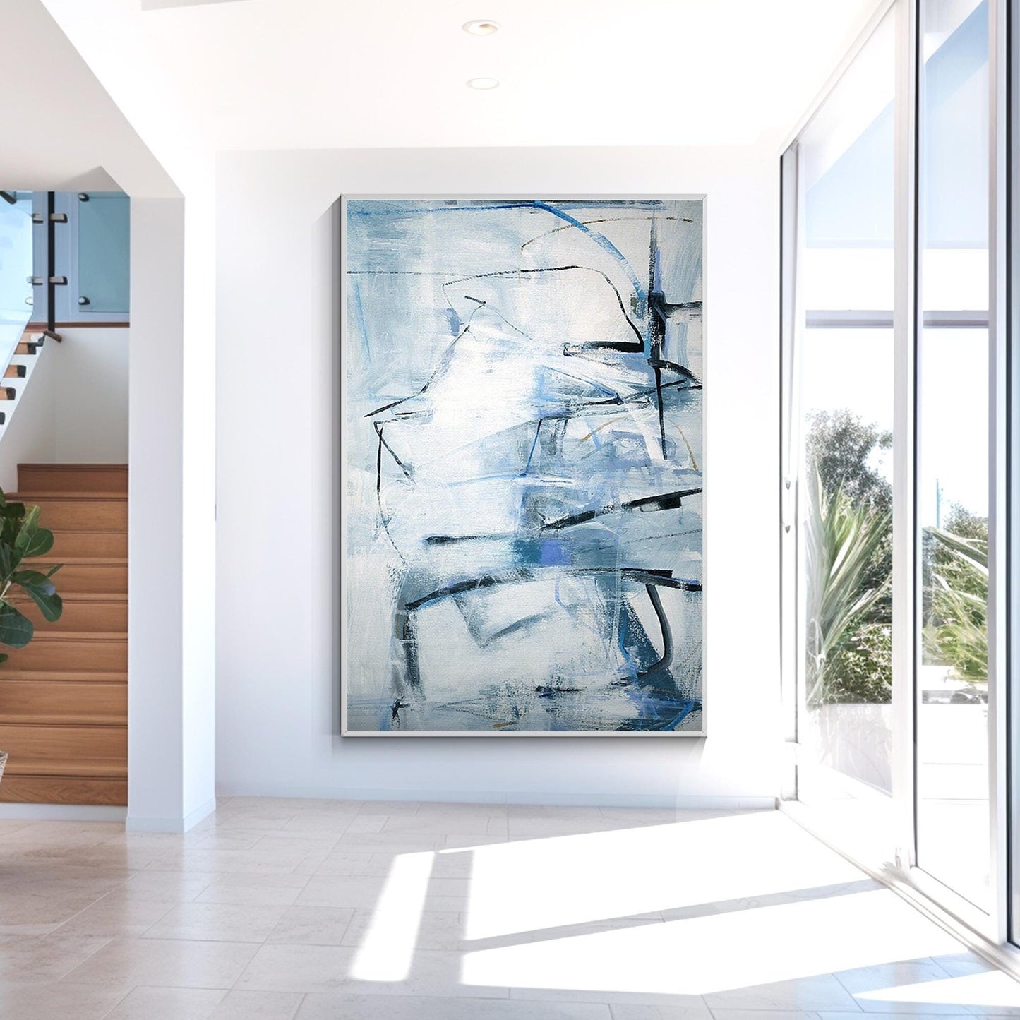 Framed Gray Blue Abstract Painting: Textured Modern Wall Art #1