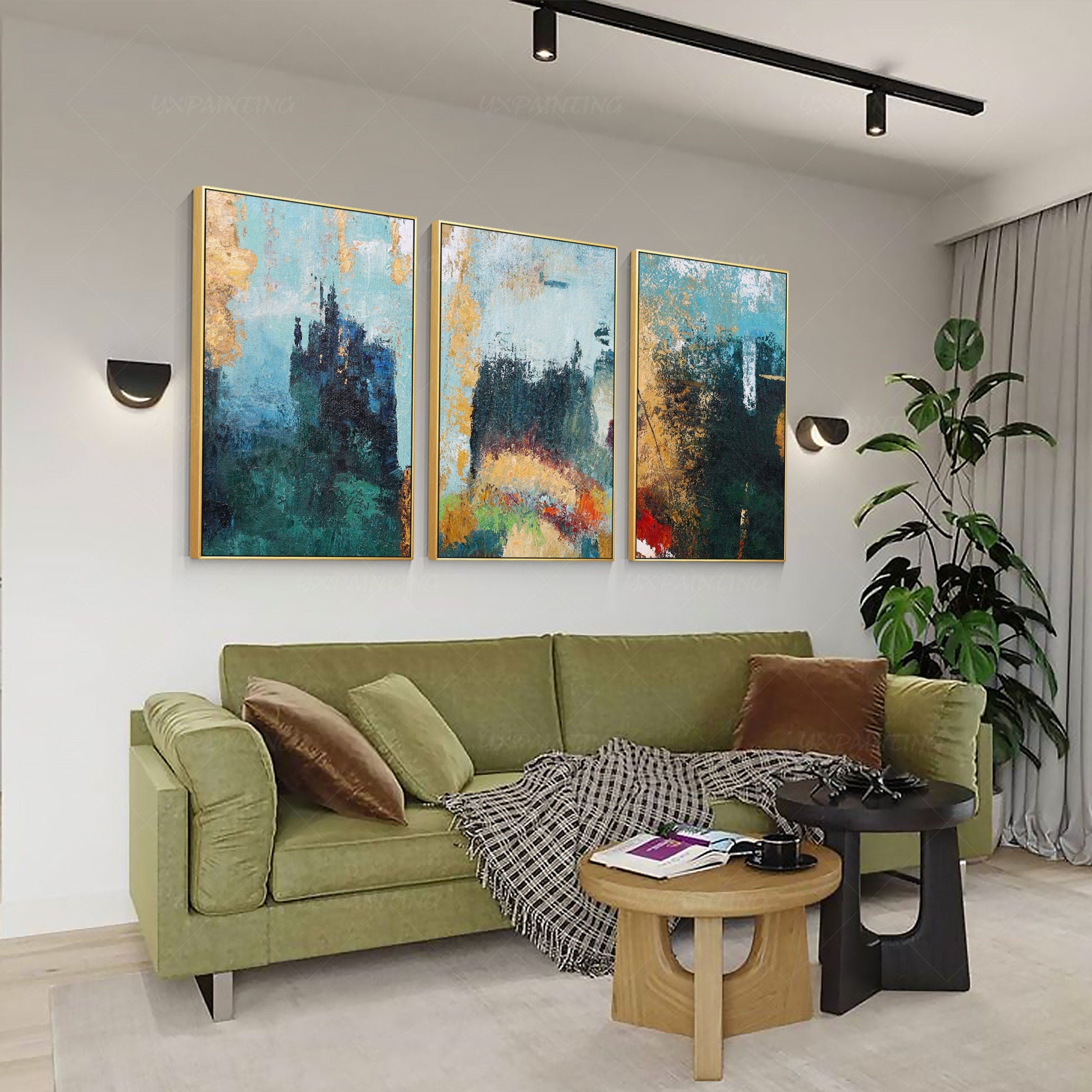 Framed painting Set of 3 wall art Gold art mountain abstract textured Painting A #2