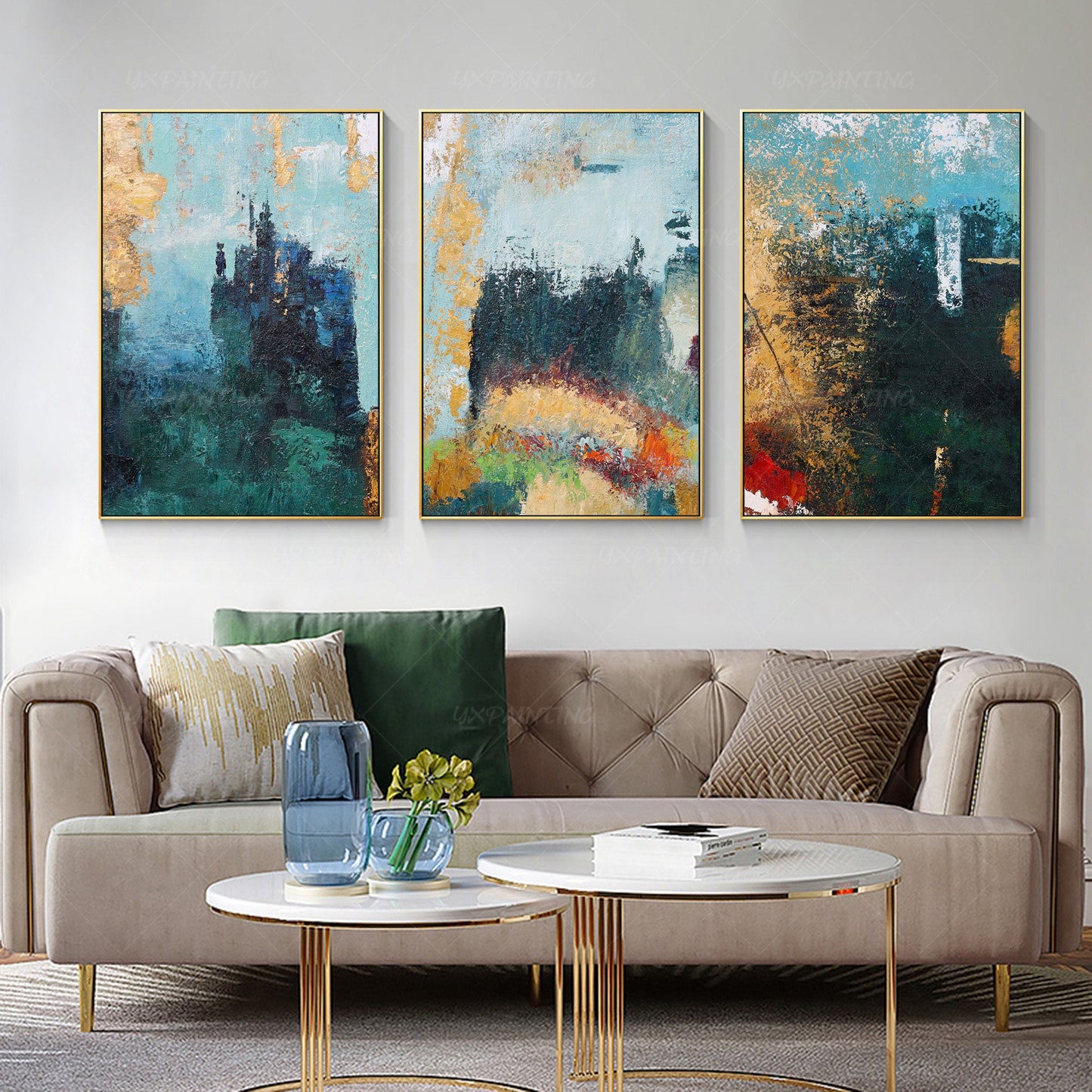 Framed painting Set of 3 wall art Gold art mountain abstract textured Painting A #16