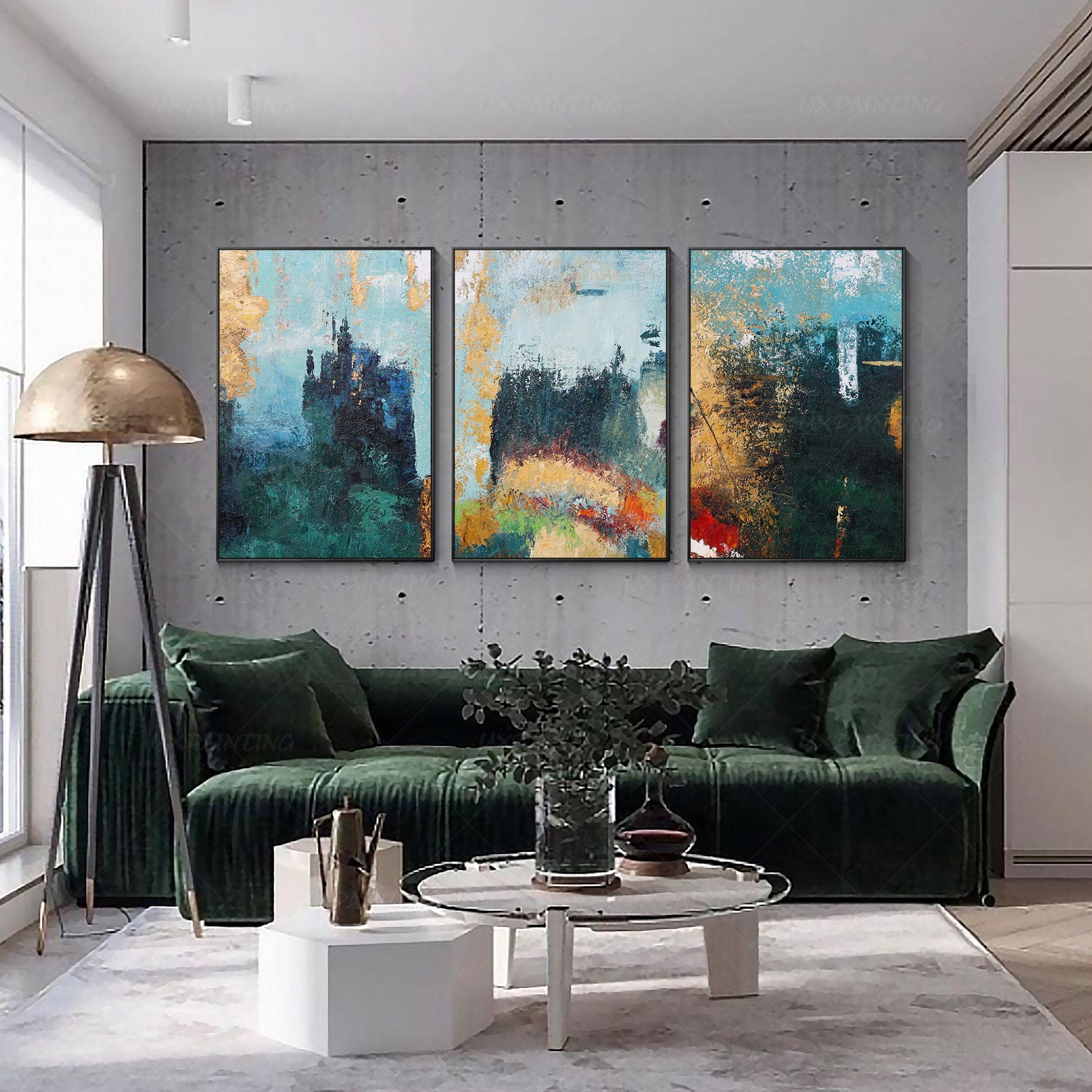Framed painting Set of 3 wall art Gold art mountain abstract textured Painting A #5