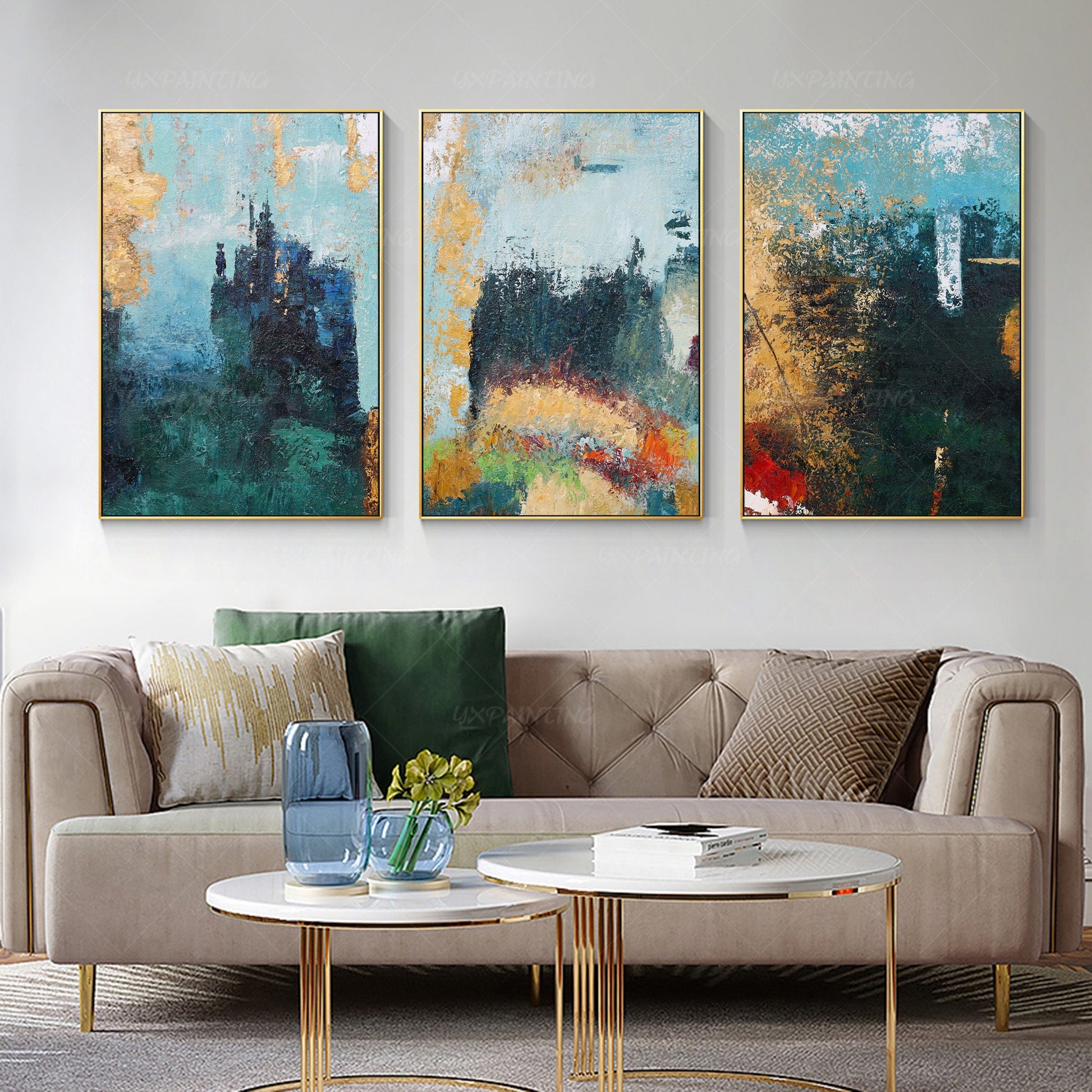 Framed painting Set of 3 wall art Gold art mountain abstract textured Painting A #6