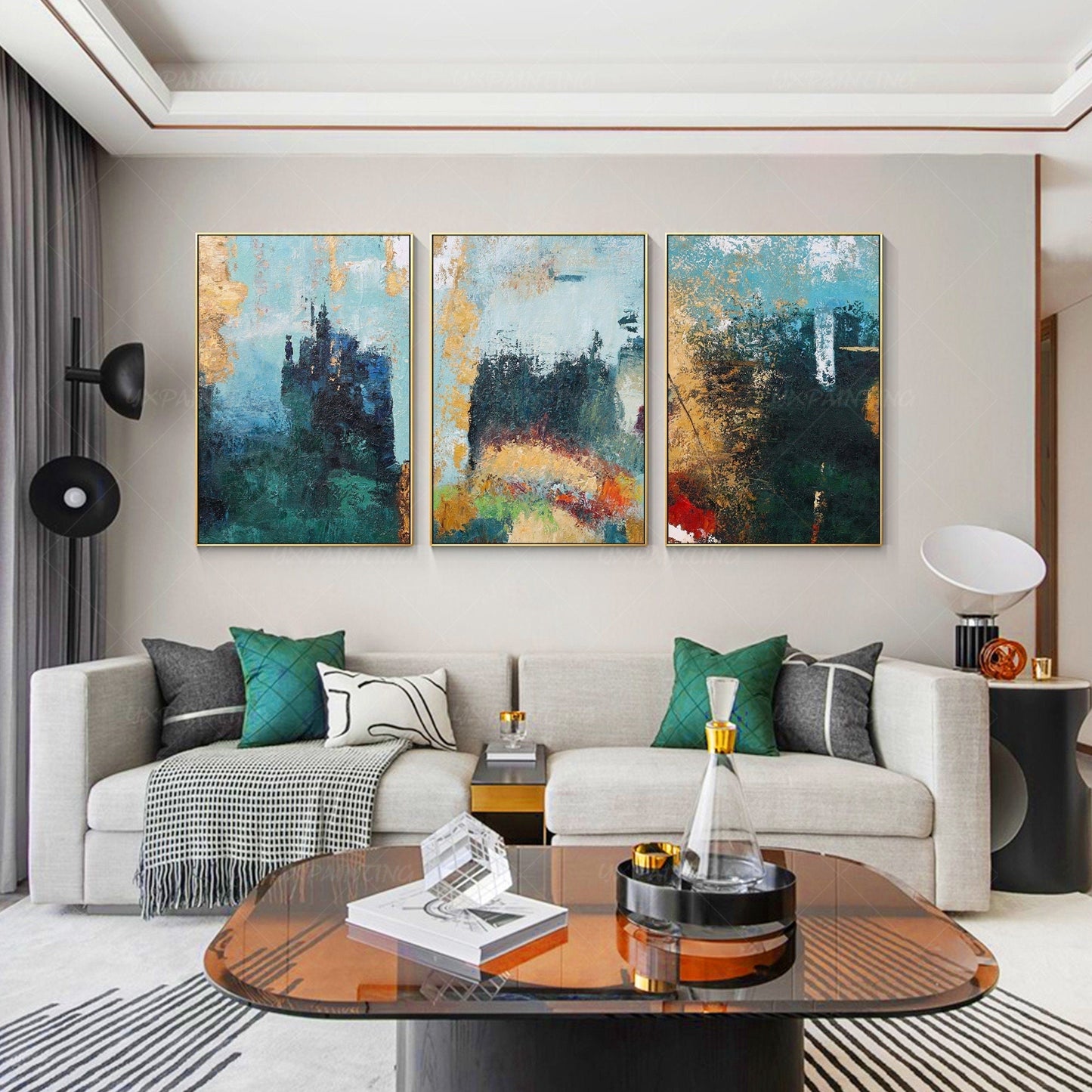 Framed painting Set of 3 wall art Gold art mountain abstract textured Painting A #1