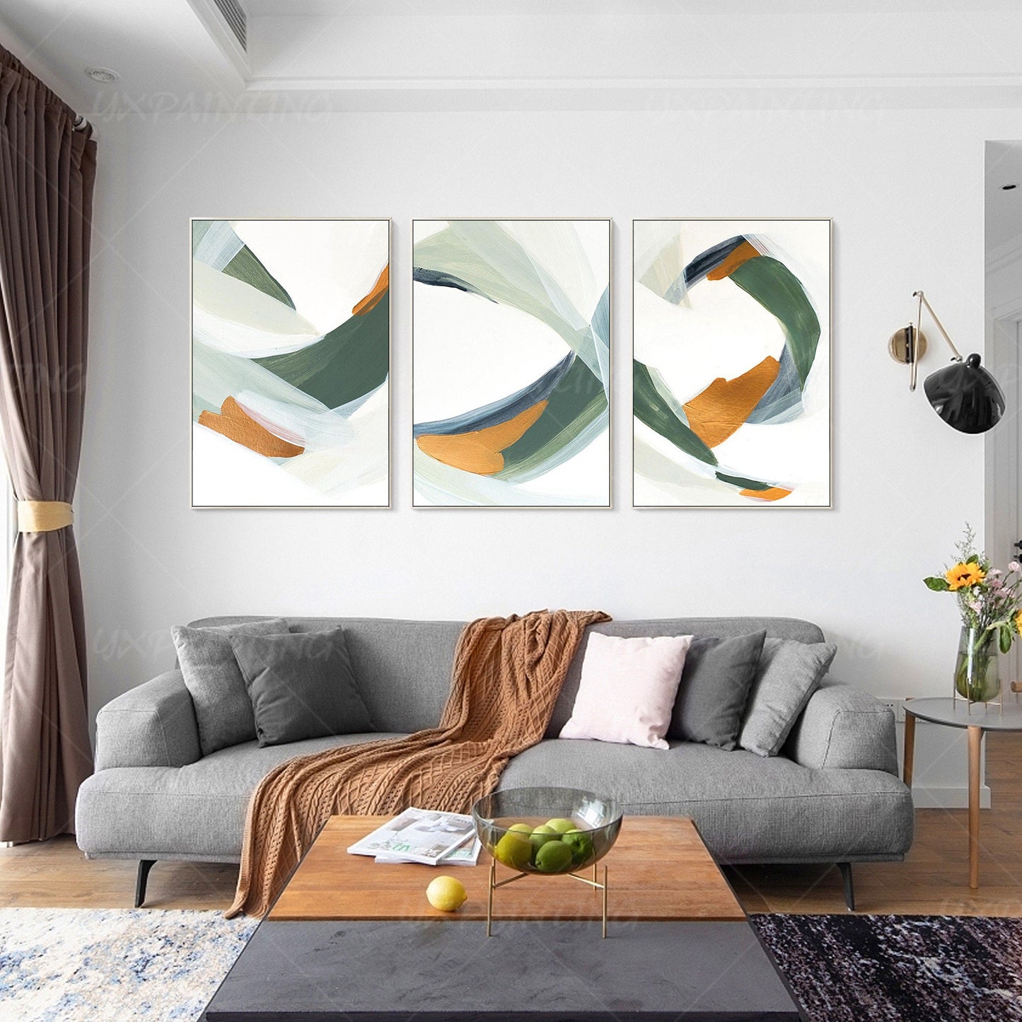 Framed painting Set of 3 wall art green painting Acrylic abstract Gold Paintings #2