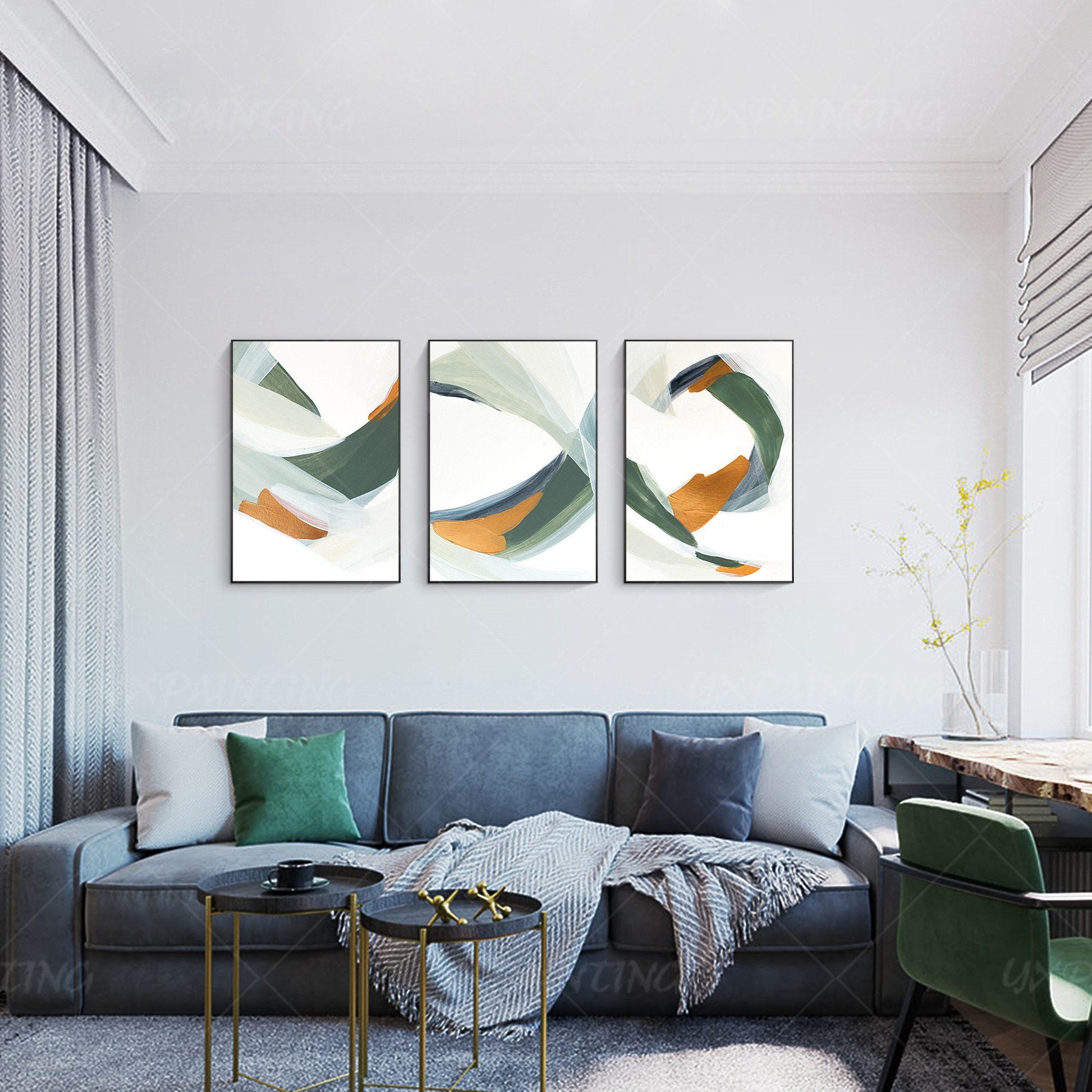Framed painting Set of 3 wall art green painting Acrylic abstract Gold Paintings #4