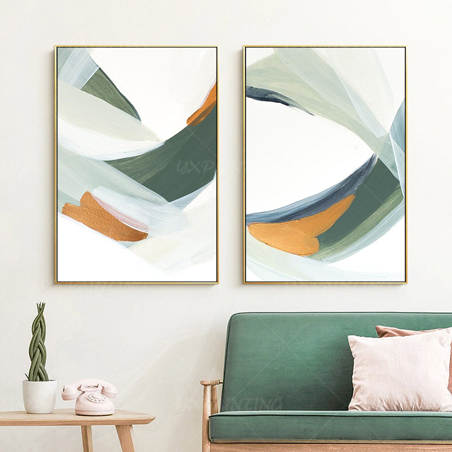 Framed painting Set of 3 wall art green painting Acrylic abstract Gold Paintings #5