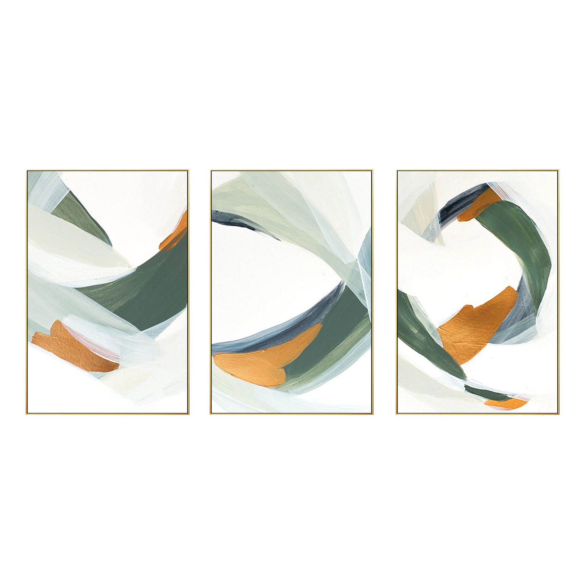 Framed painting Set of 3 wall art green painting Acrylic abstract Gold Paintings #6