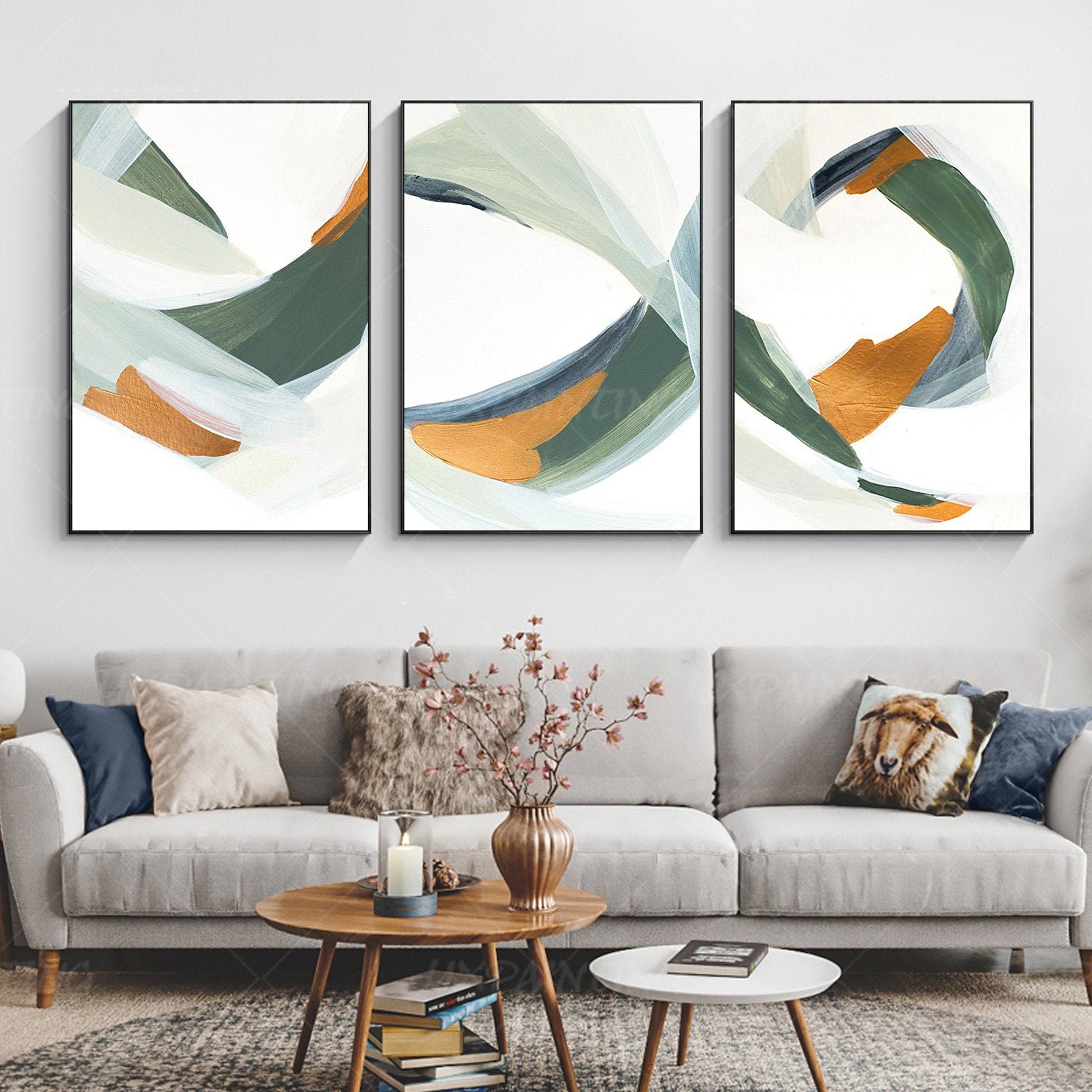 Framed painting Set of 3 wall art green painting Acrylic abstract Gold Paintings #1