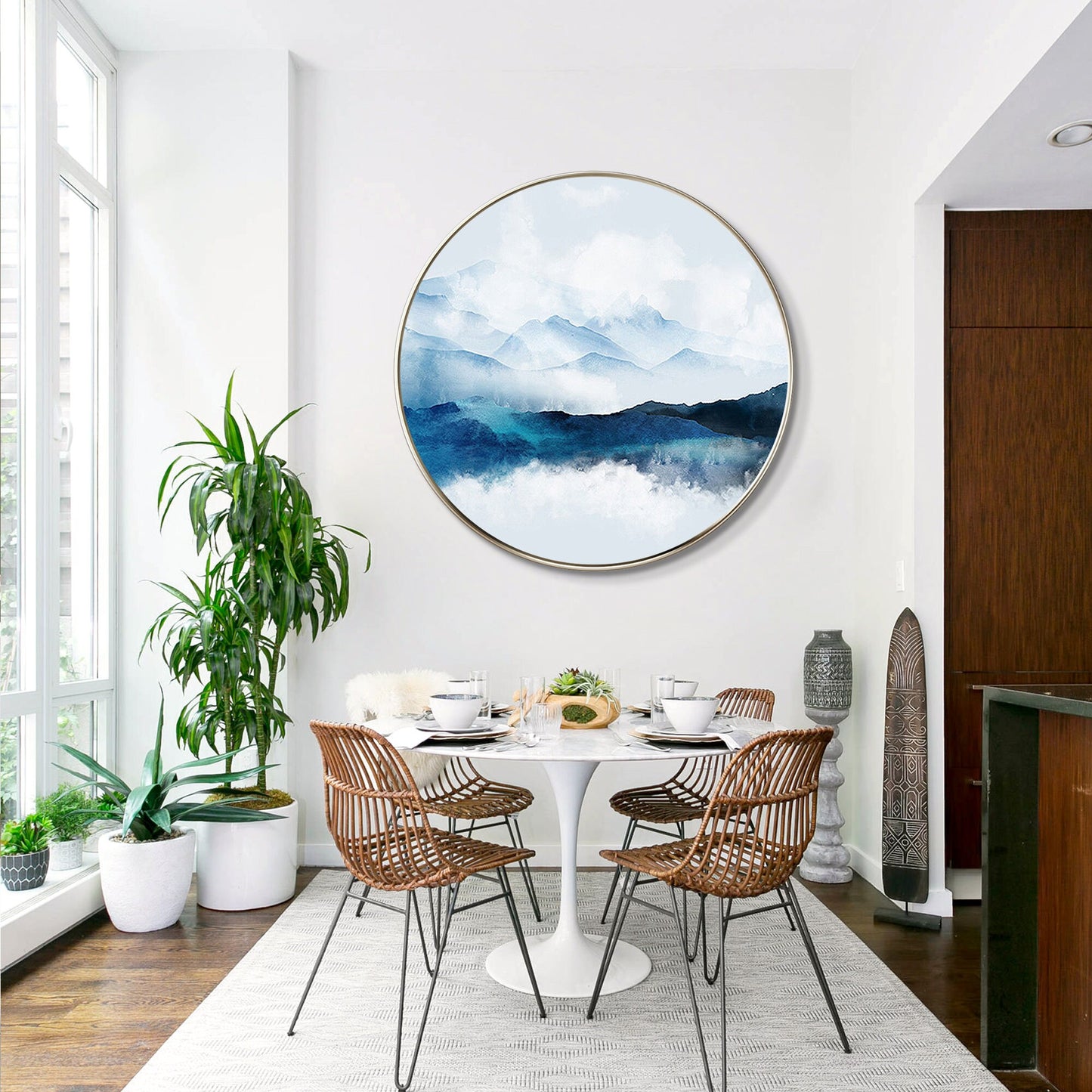 Framed Round Teal Mountain Landscape Painting: Textured Wall Art #2