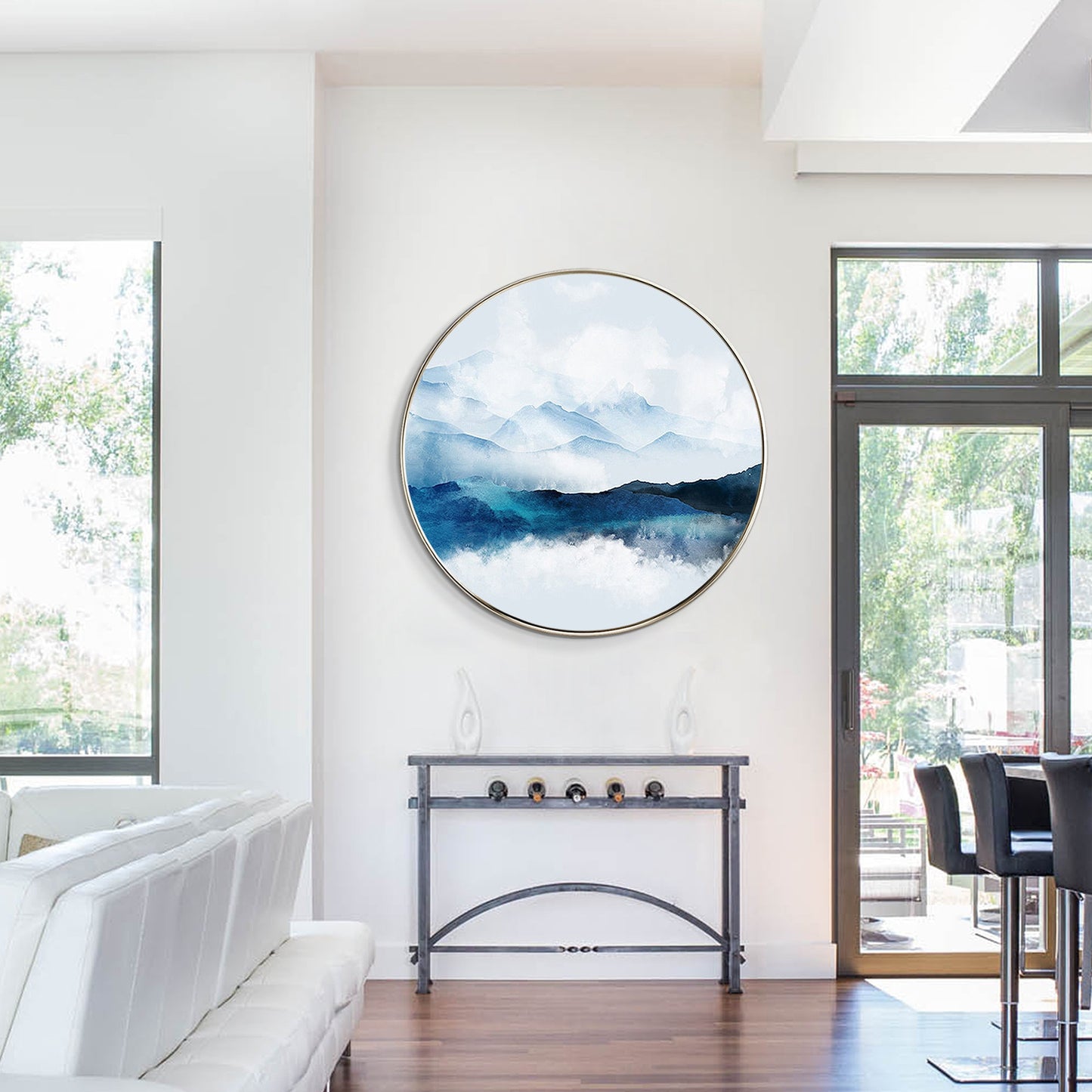 Framed Round Teal Mountain Landscape Painting: Textured Wall Art #3