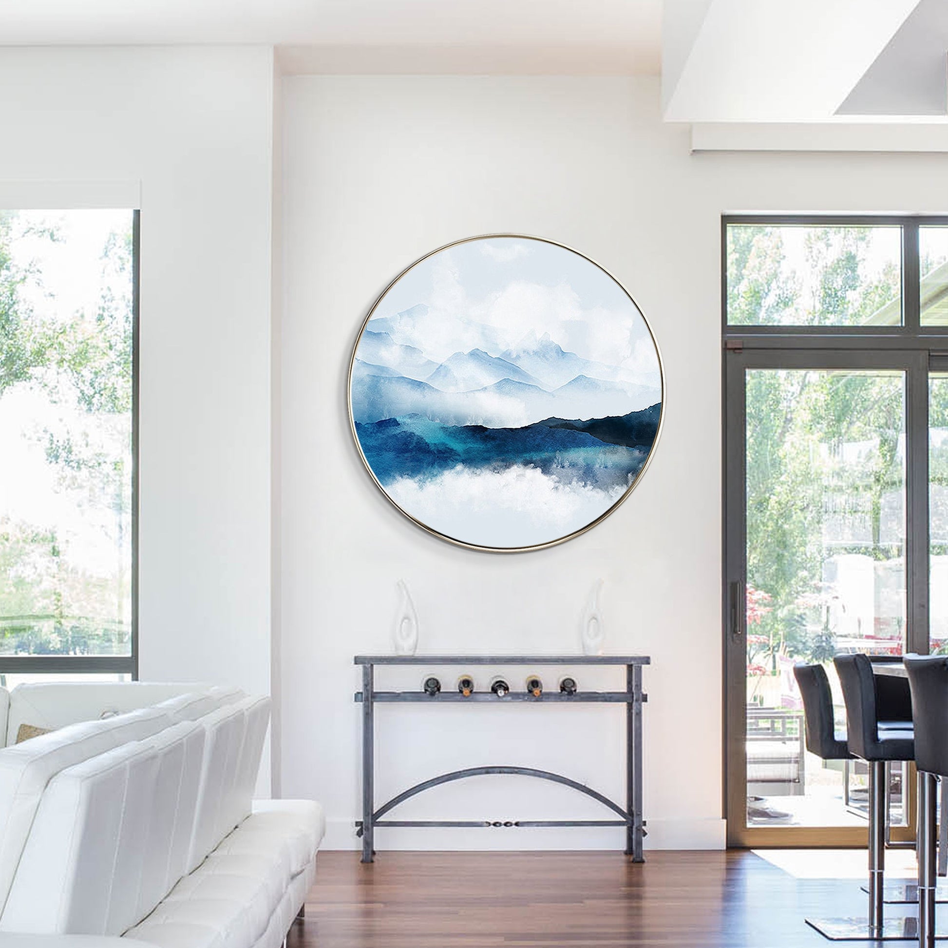 Framed Round Teal Mountain Landscape Painting: Textured Wall Art #3