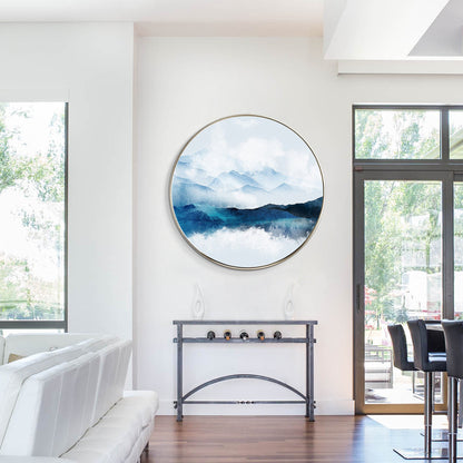 Framed Round Teal Mountain Landscape Painting: Textured Wall Art #3