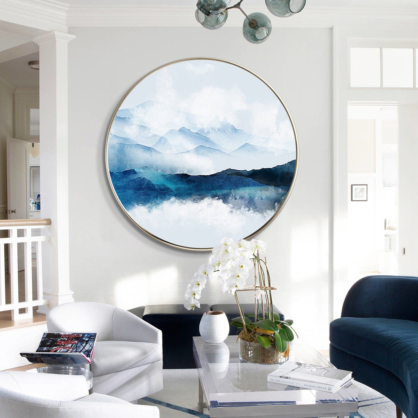 Framed Round Teal Mountain Landscape Painting: Textured Wall Art #4