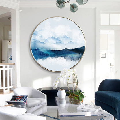 Framed Round Teal Mountain Landscape Painting: Textured Wall Art #4