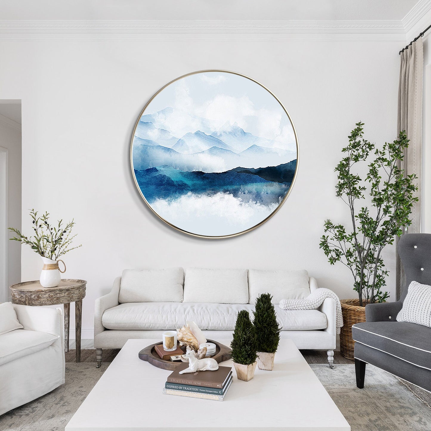 Framed Round Teal Mountain Landscape Painting: Textured Wall Art #5