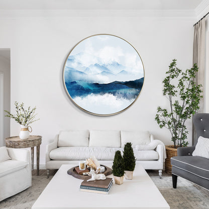 Framed Round Teal Mountain Landscape Painting: Textured Wall Art #5