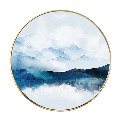 Framed Round Teal Mountain Landscape Painting: Textured Wall Art #6