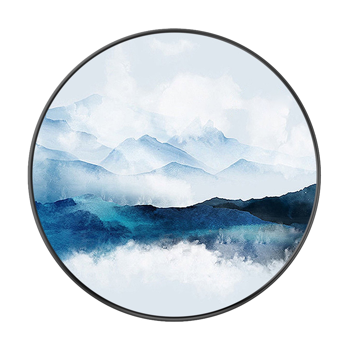 Framed Round Teal Mountain Landscape Painting: Textured Wall Art #8