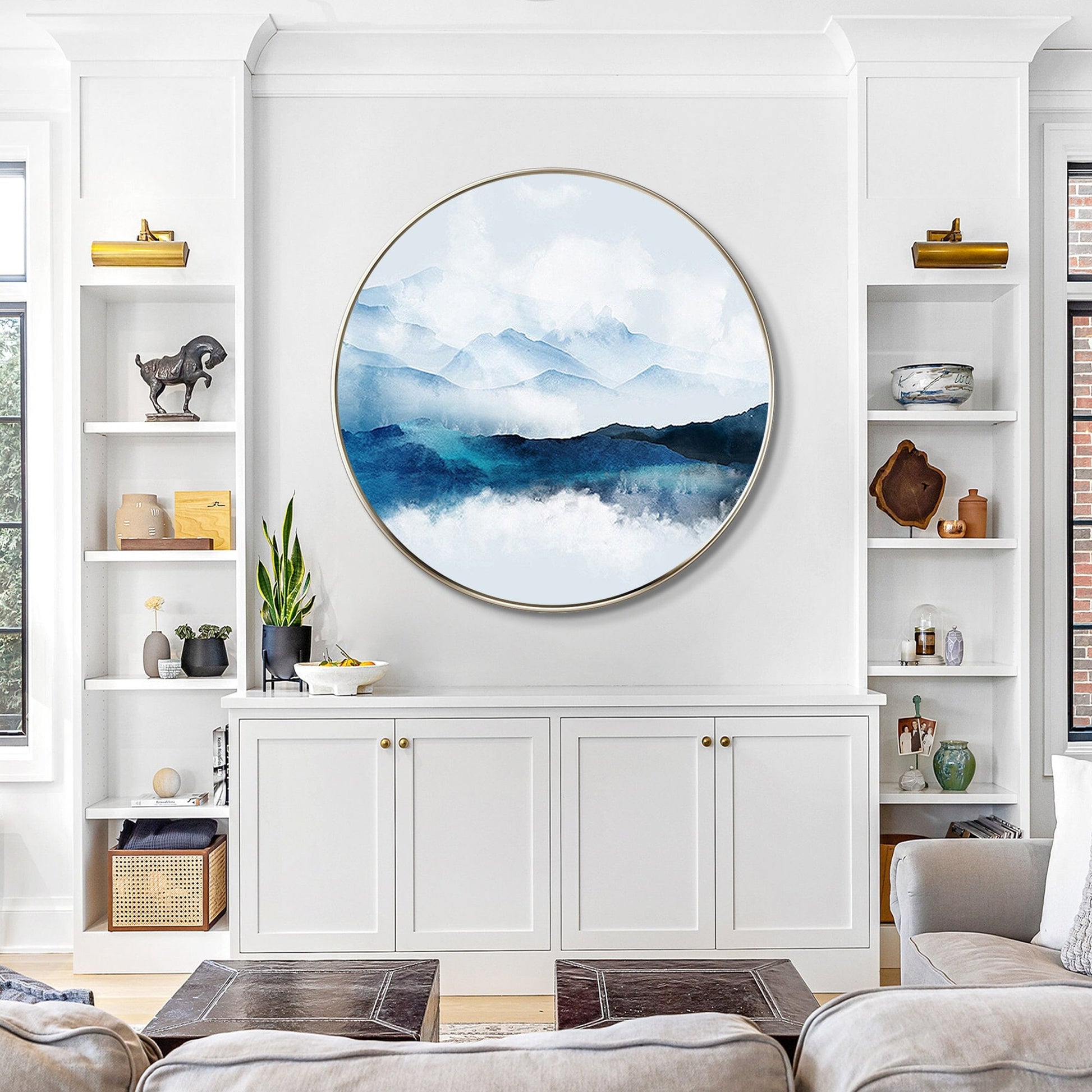 Framed Round Teal Mountain Landscape Painting: Textured Wall Art #1