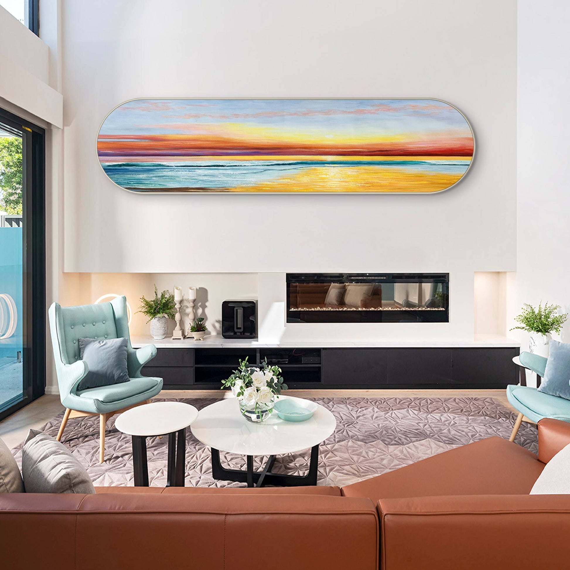 Framed Seascape Sunrise Painting: Long Horizontal Beach Wall Art #4