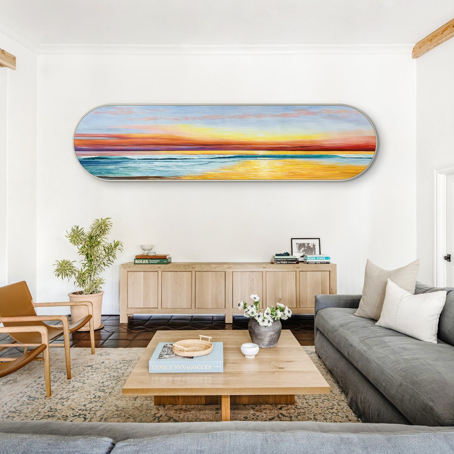Framed Seascape Sunrise Painting: Long Horizontal Beach Wall Art #5