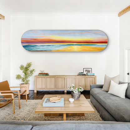 Framed Seascape Sunrise Painting: Long Horizontal Beach Wall Art #5