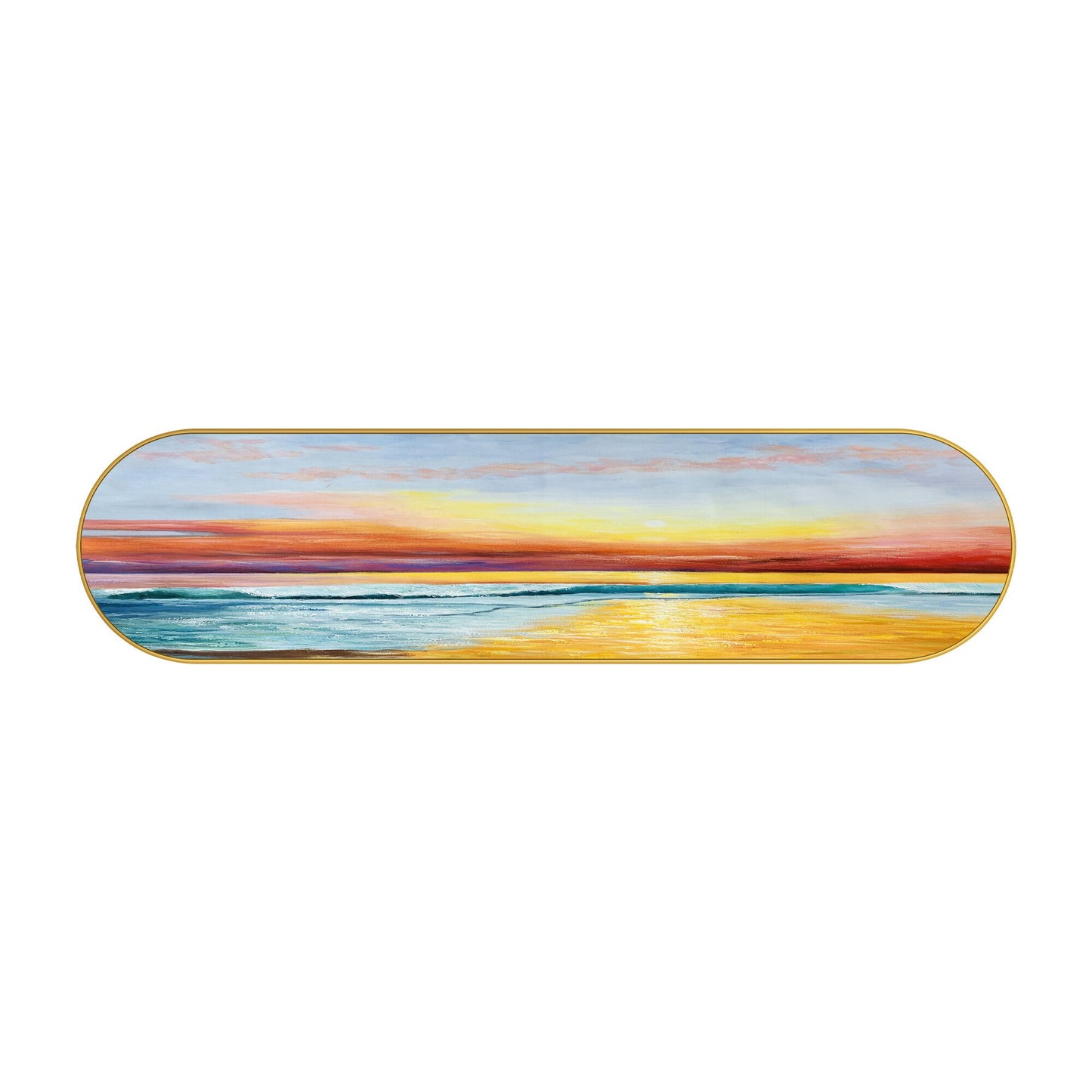 Framed Seascape Sunrise Painting: Long Horizontal Beach Wall Art #7