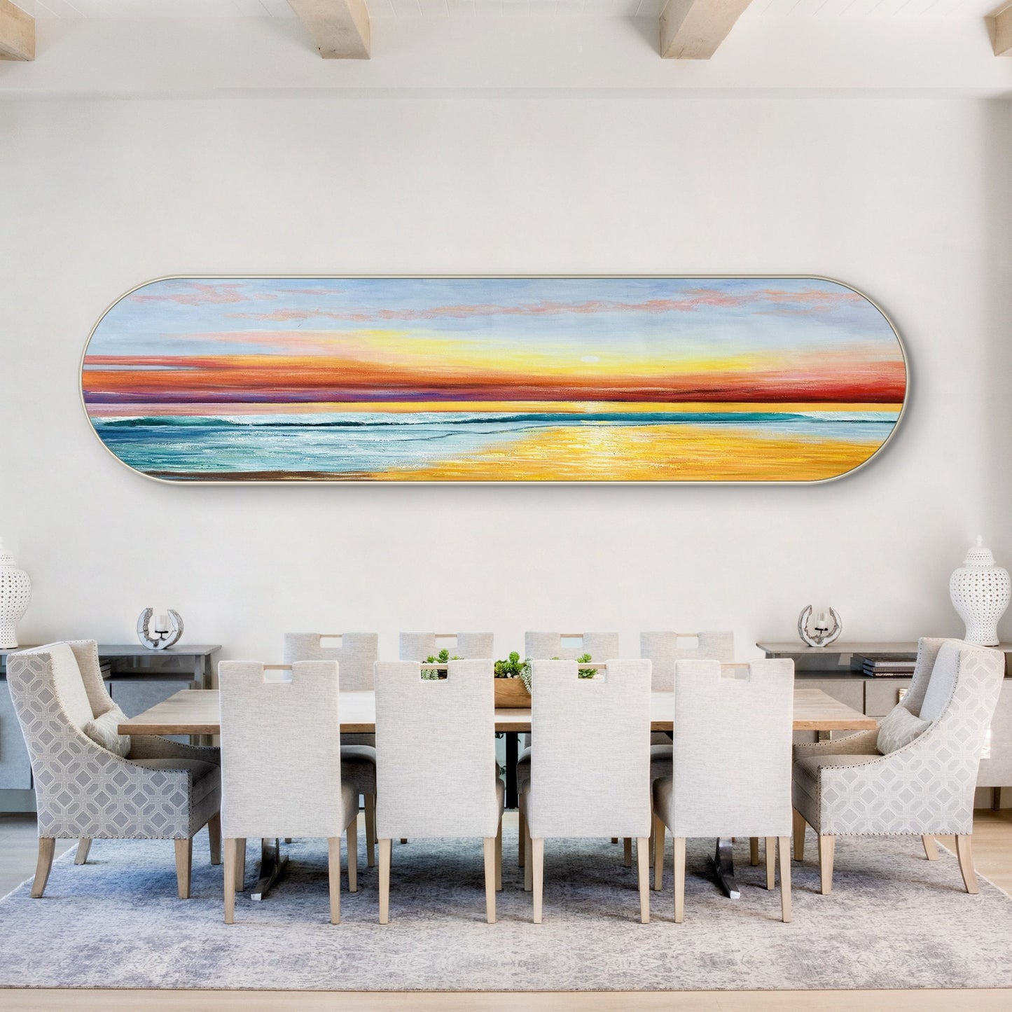 Framed Seascape Sunrise Painting: Long Horizontal Beach Wall Art #1