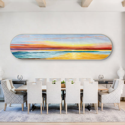 Framed Seascape Sunrise Painting: Long Horizontal Beach Wall Art #1