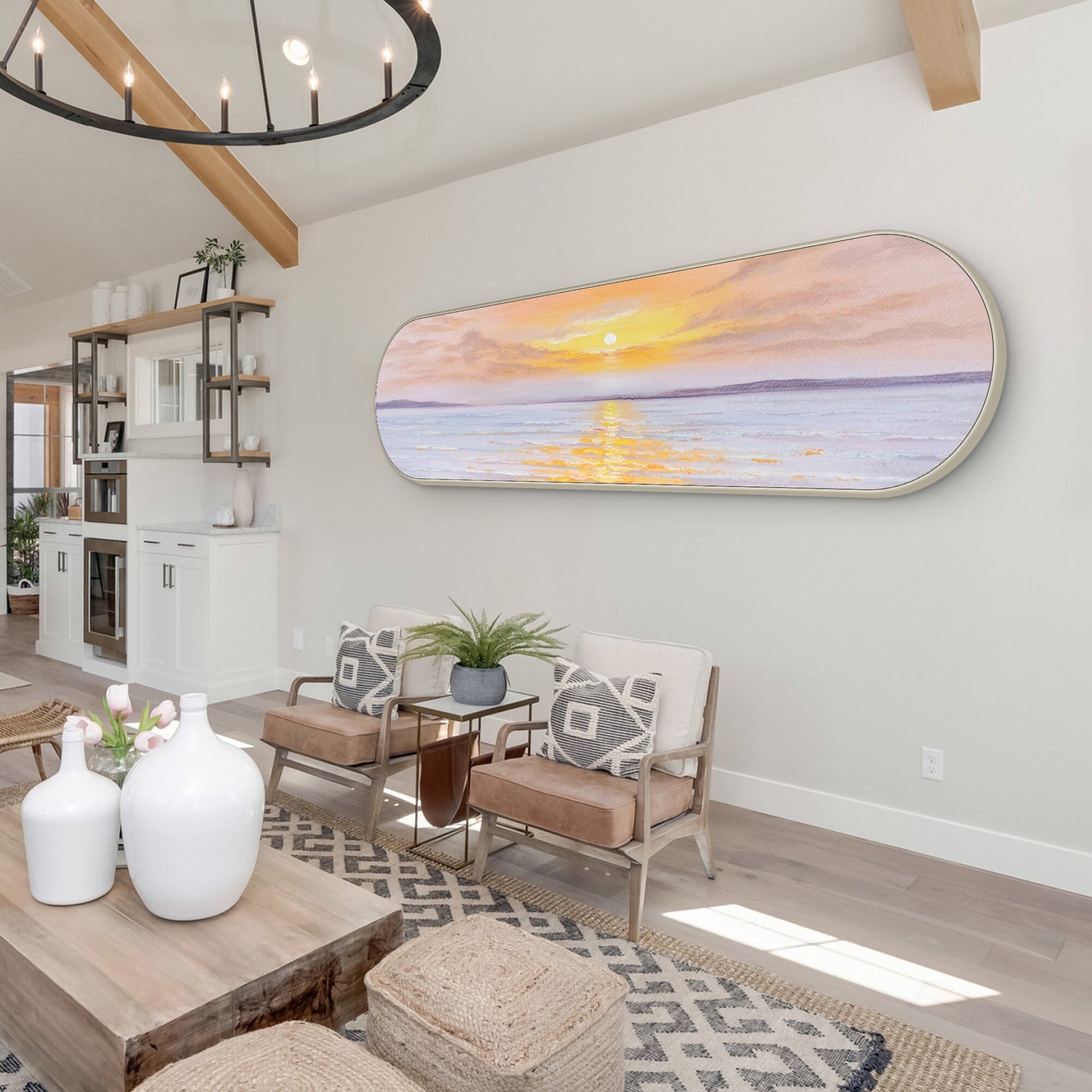 Framed Seascape Sunrise Painting: Long Oval Beach Wall Art #2
