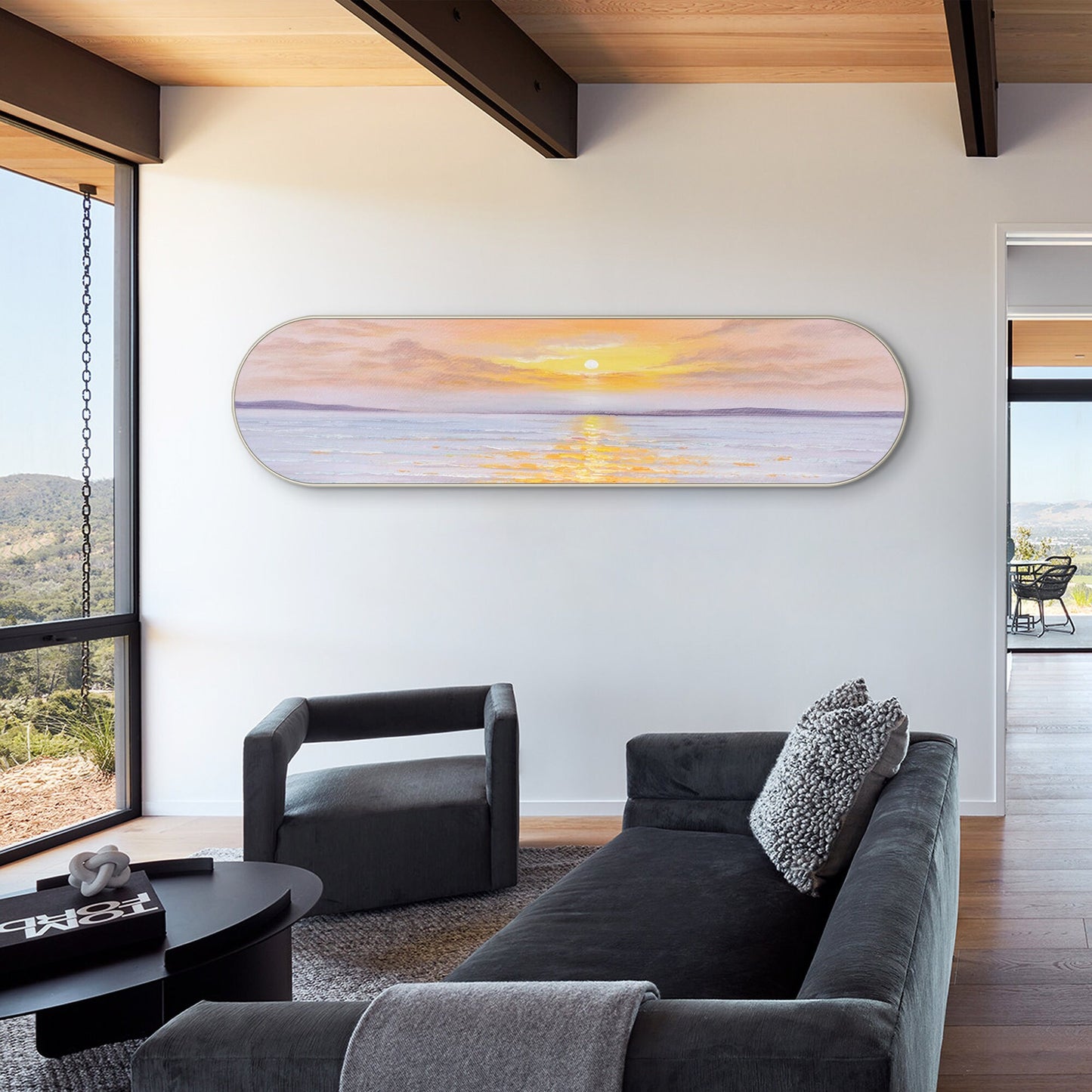 Framed Seascape Sunrise Painting: Long Oval Beach Wall Art #3