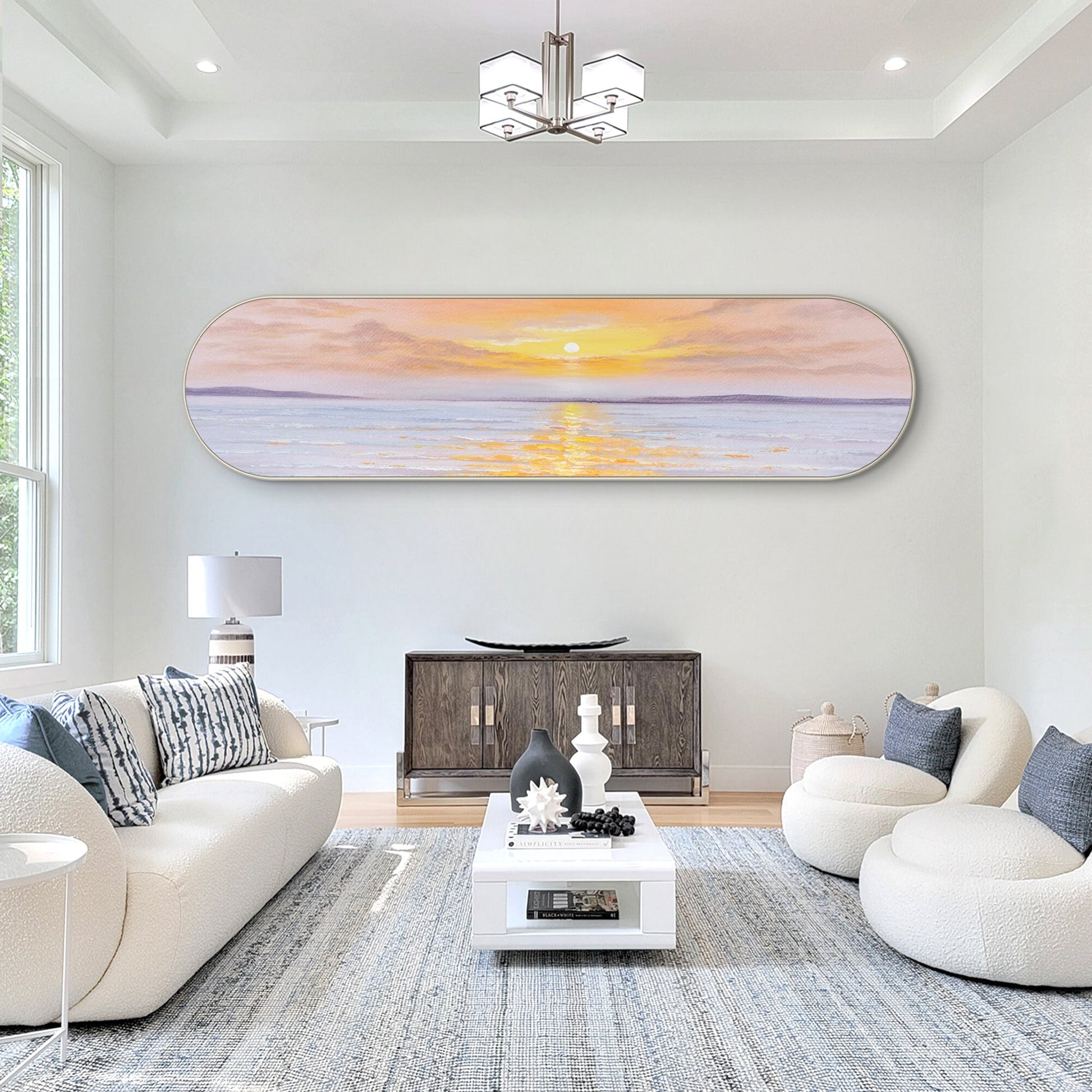 Framed Seascape Sunrise Painting: Long Oval Beach Wall Art #4