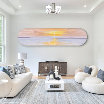 Framed Seascape Sunrise Painting: Long Oval Beach Wall Art #4
