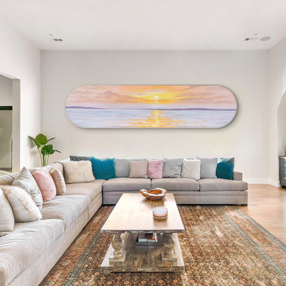 Framed Seascape Sunrise Painting: Long Oval Beach Wall Art #5