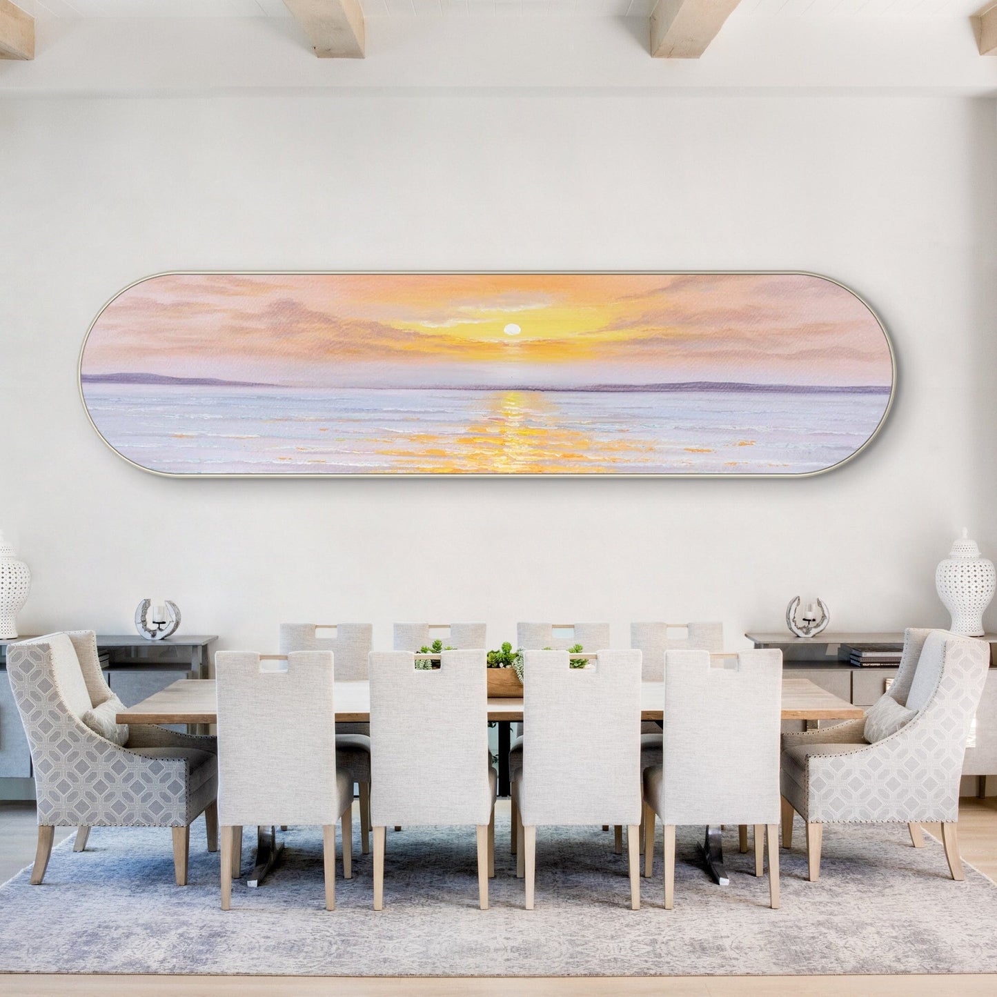 Framed Seascape Sunrise Painting: Long Oval Beach Wall Art #1