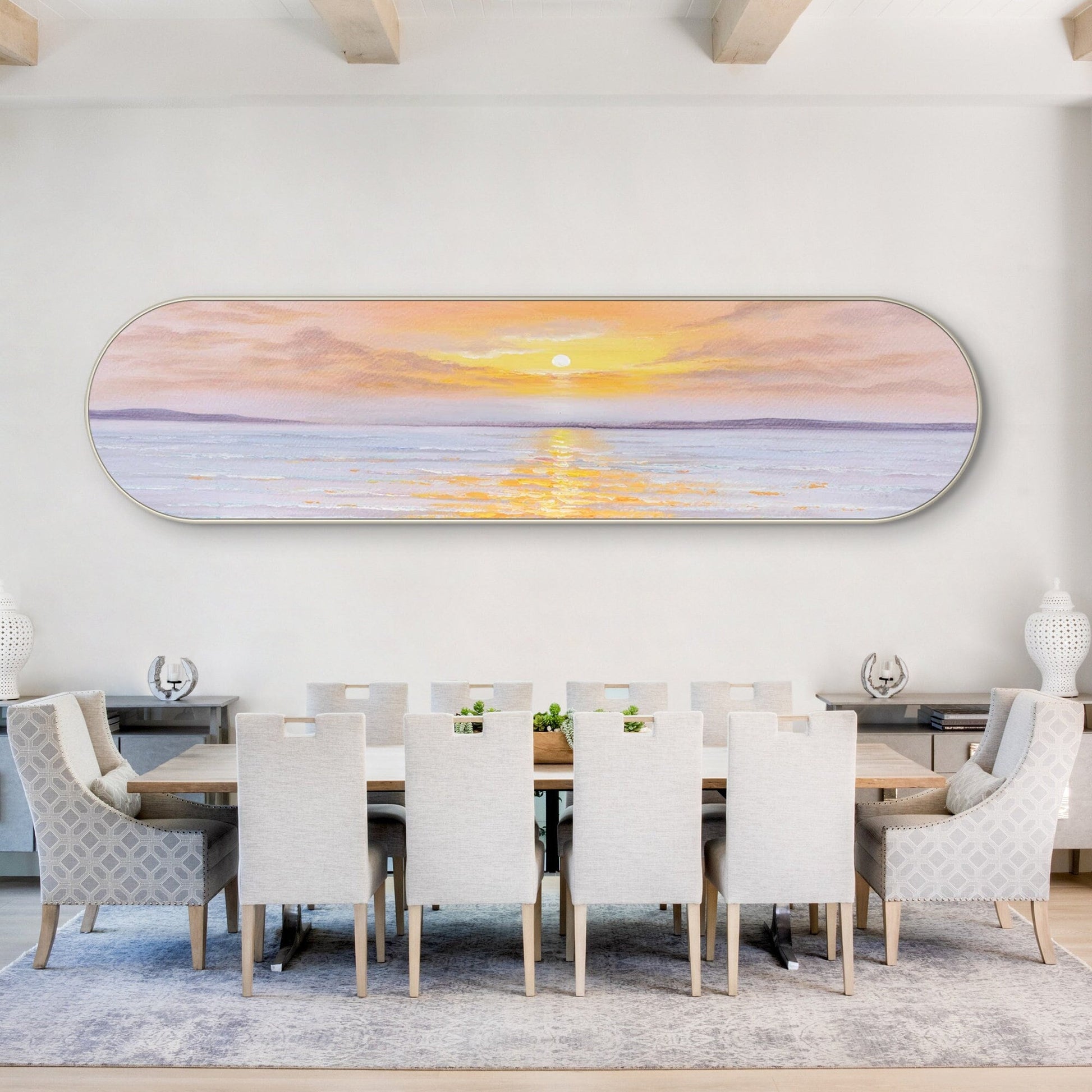 Framed Seascape Sunrise Painting: Long Oval Beach Wall Art #1