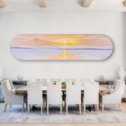 Framed Seascape Sunrise Painting: Long Oval Beach Wall Art #1