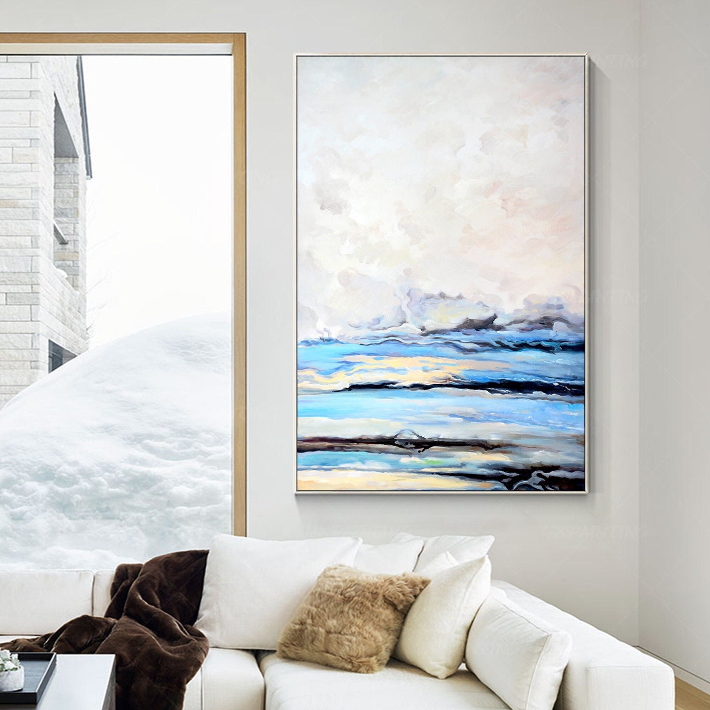 Framed Sky Blue Abstract Painting: Cloud Landscape Canvas Wall Art #2