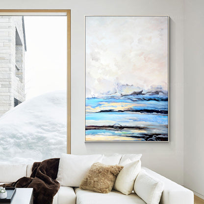 Framed Sky Blue Abstract Painting: Cloud Landscape Canvas Wall Art #2