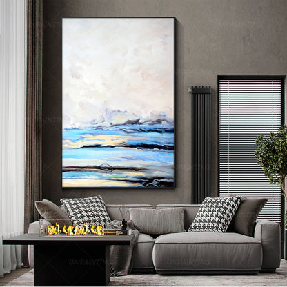 Framed Sky Blue Abstract Painting: Cloud Landscape Canvas Wall Art #3