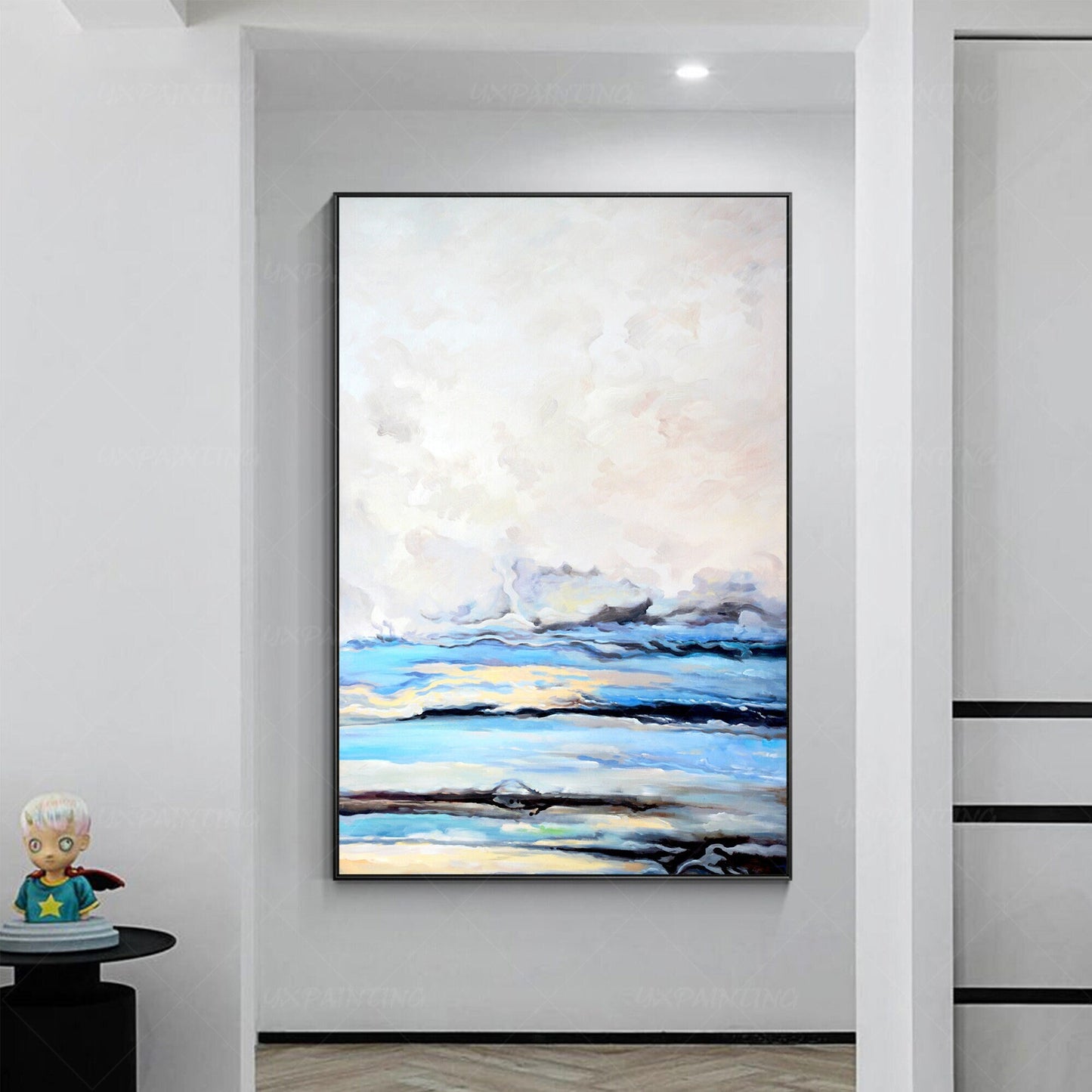 Framed Sky Blue Abstract Painting: Cloud Landscape Canvas Wall Art #4