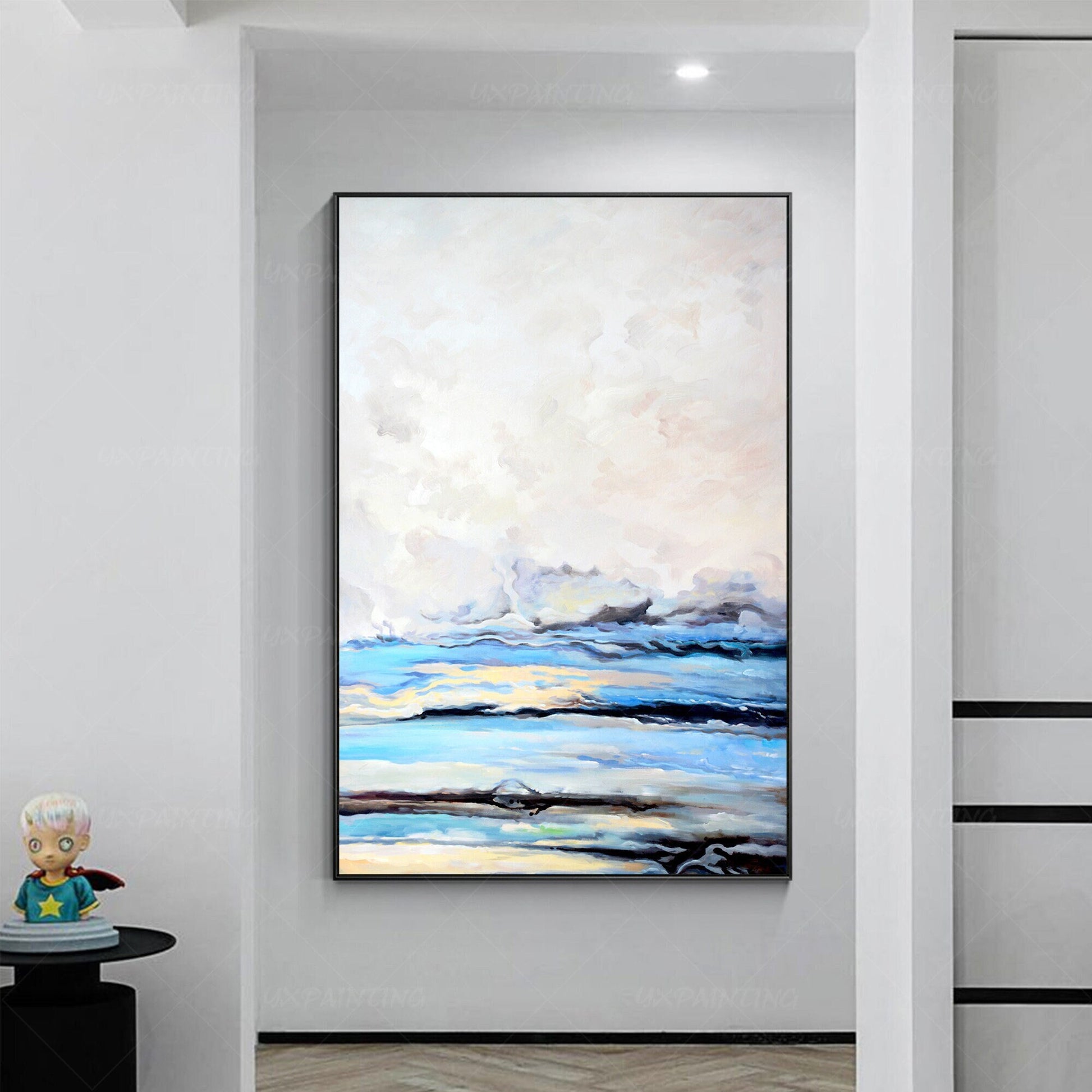 Framed Sky Blue Abstract Painting: Cloud Landscape Canvas Wall Art #4