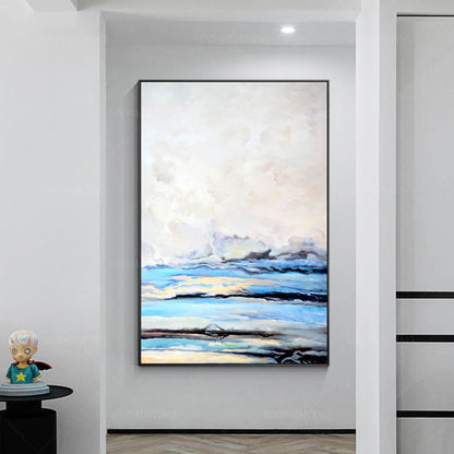Framed Sky Blue Abstract Painting: Cloud Landscape Canvas Wall Art #4