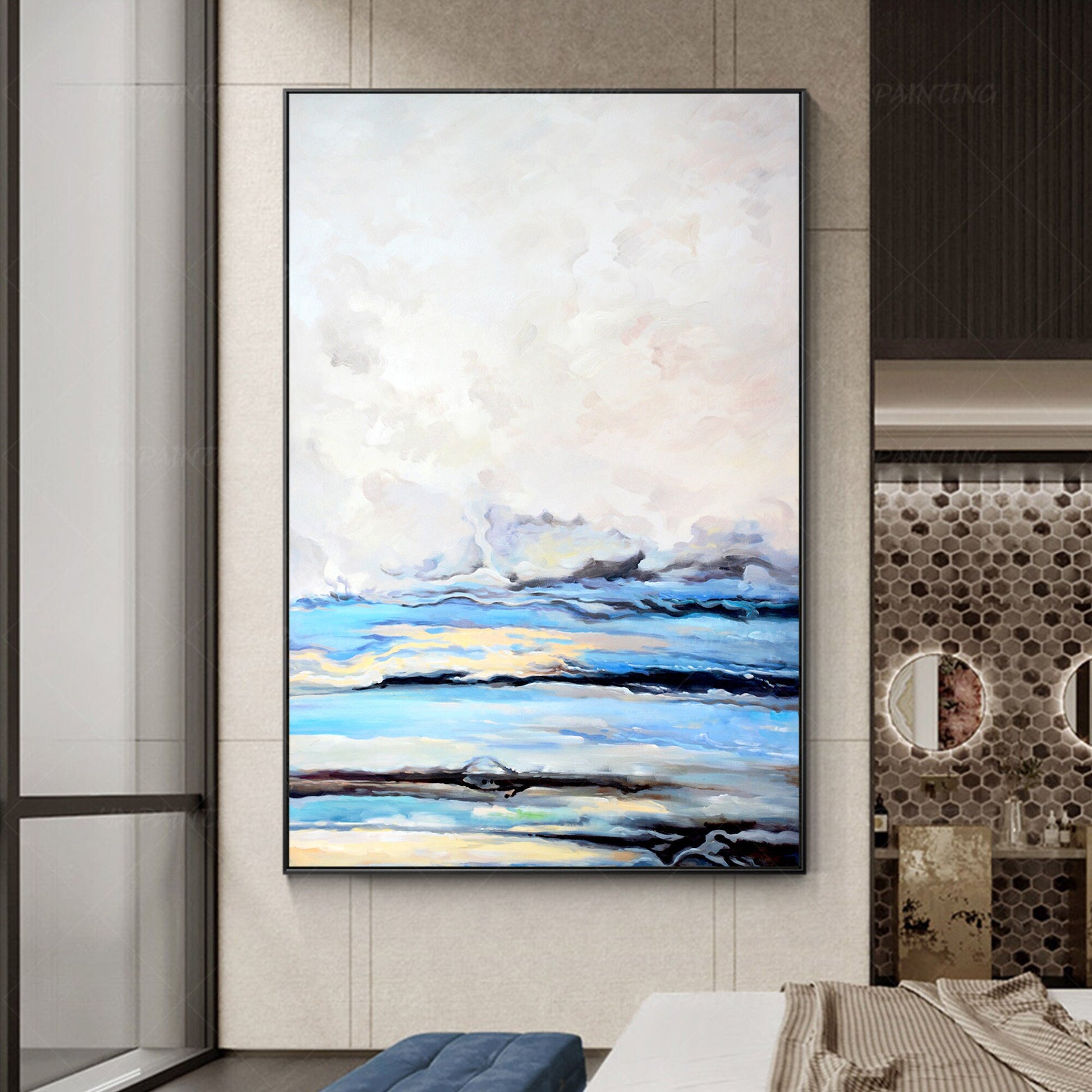 Framed Sky Blue Abstract Painting: Cloud Landscape Canvas Wall Art #5