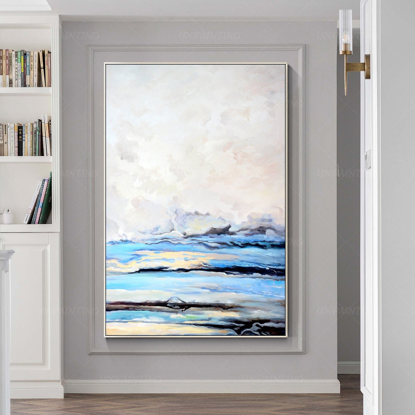 Framed Sky Blue Abstract Painting: Cloud Landscape Canvas Wall Art #1