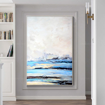 Framed Sky Blue Abstract Painting: Cloud Landscape Canvas Wall Art #1