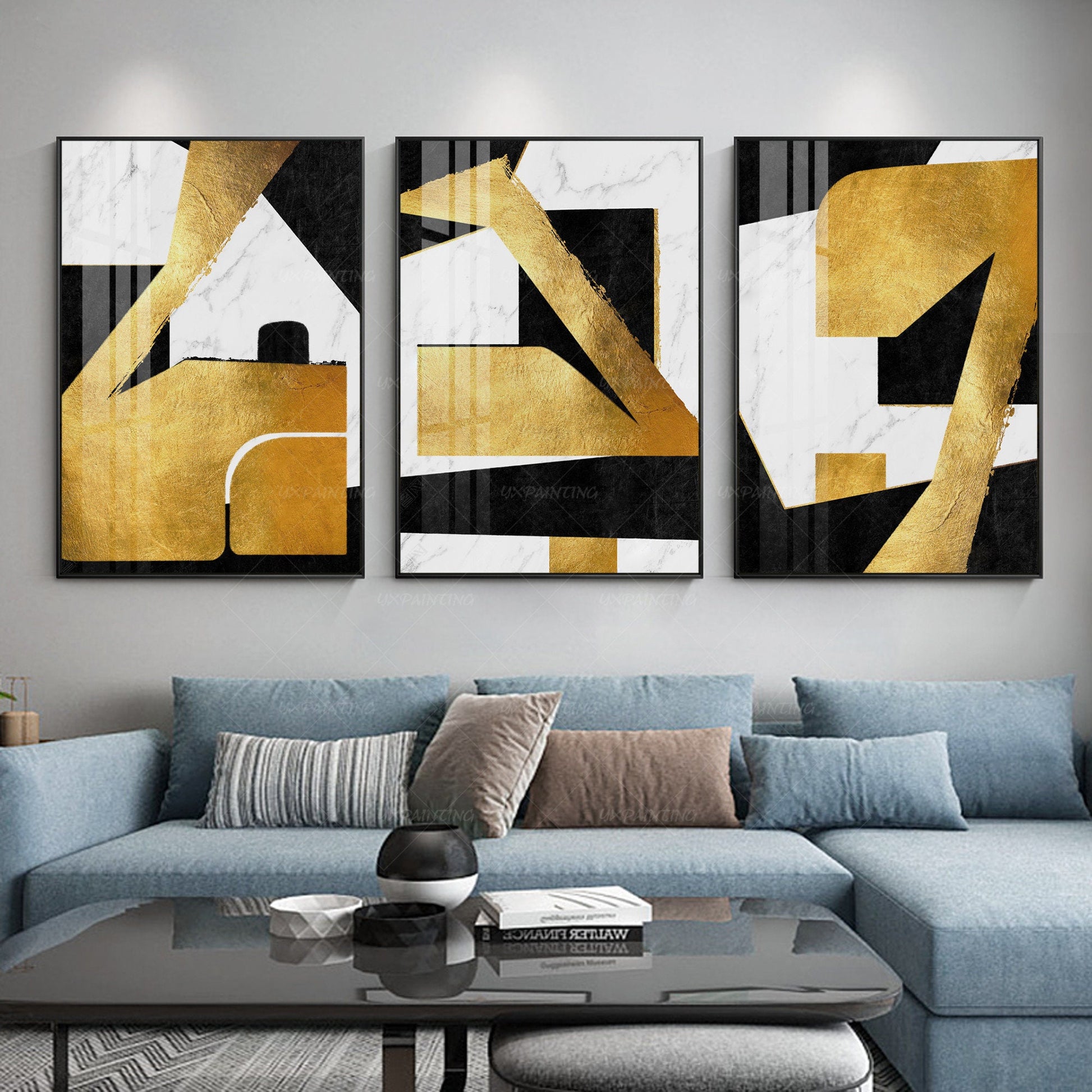 Framed Wall Art Gold leaf and black Geometric painting acrylic Original Painting #4