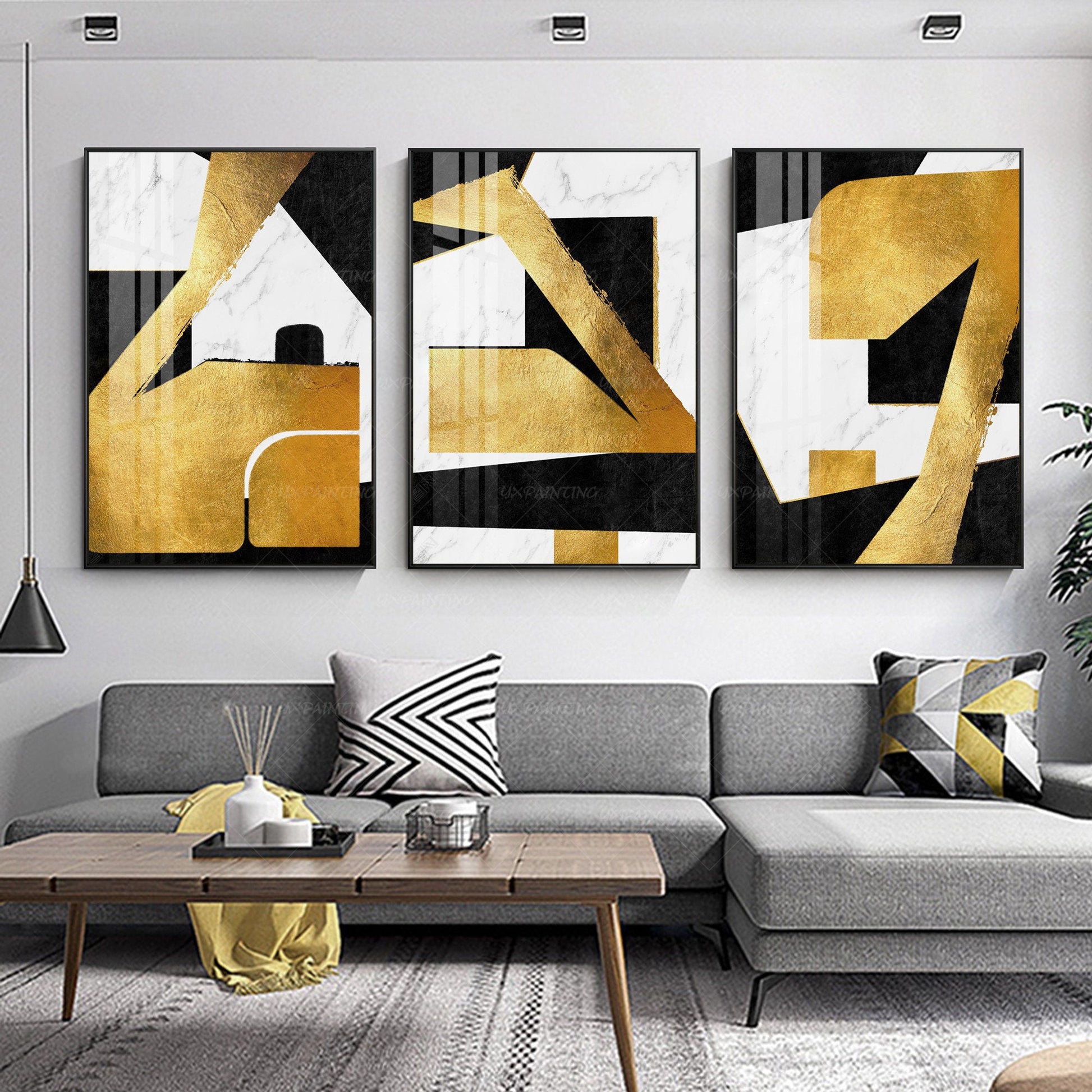 Framed Wall Art Gold leaf and black Geometric painting acrylic Original Painting #1